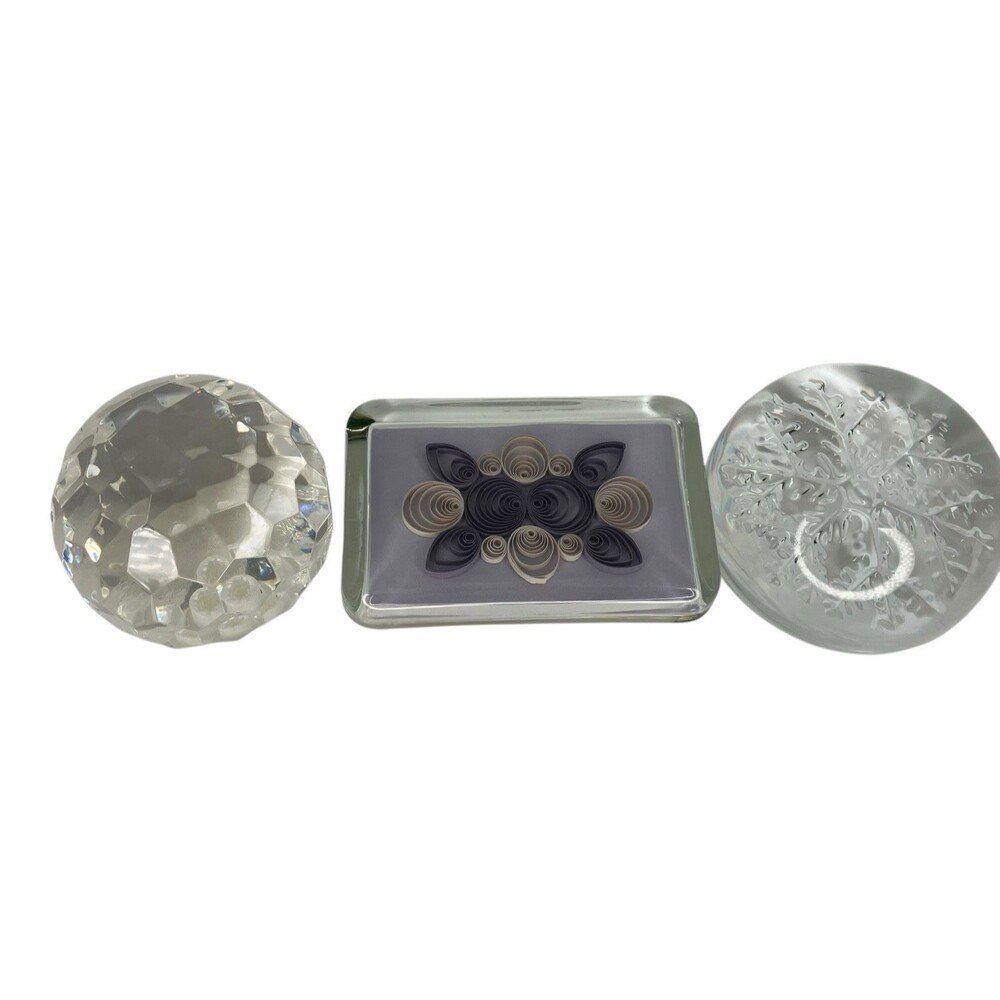Vtg Mixed Crystal Glass Art Paperweight Lot of 3 Paper Quilled, Faceted,‎ Domed